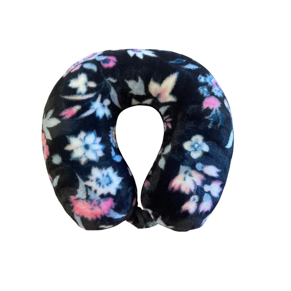 Vera Bradley Floral Plush Travel Neck Pillow Black Blue‎ Pink Snap Closure 2023